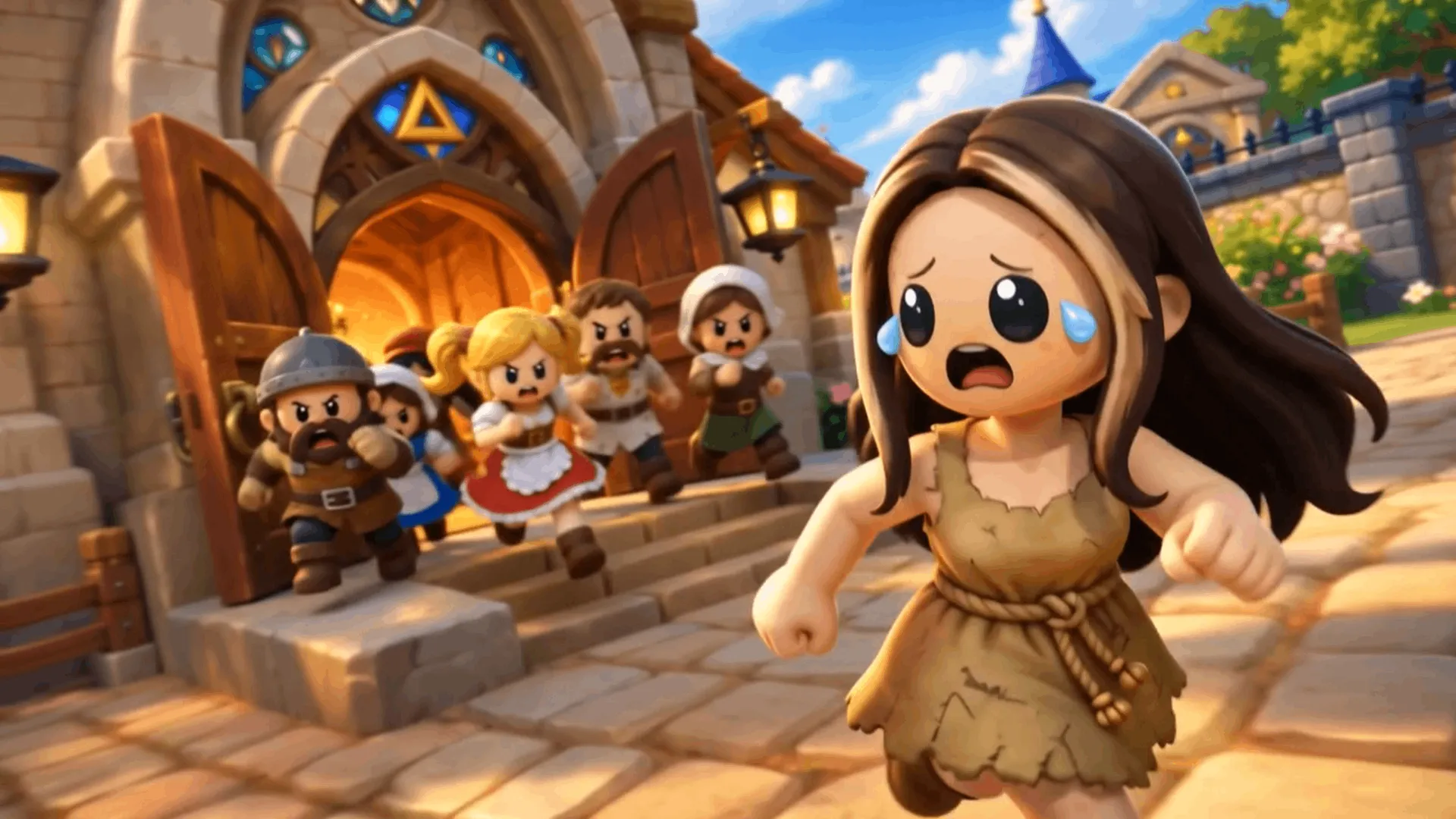 Not Monsters villagers chasing a suspect through a medieval town.