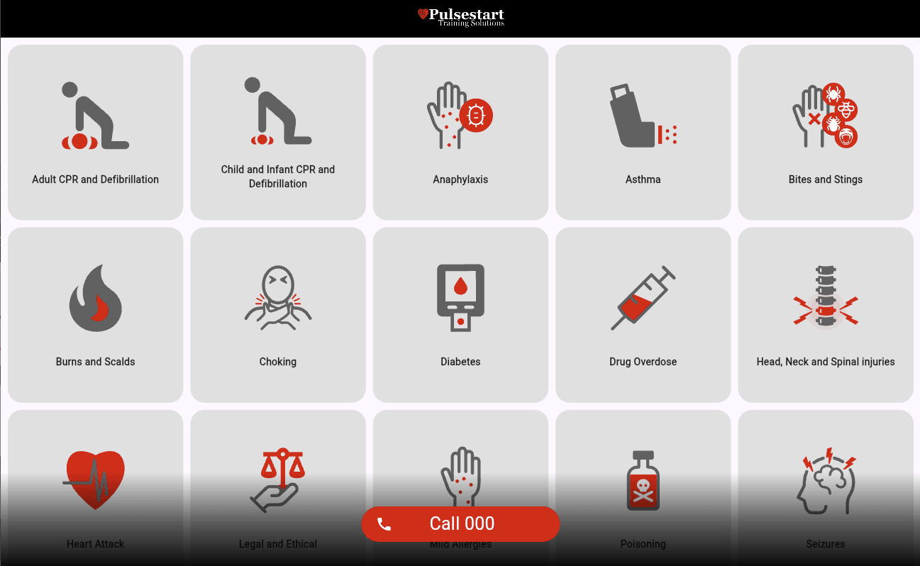 Pulsestart First Aid Assist dashboard displaying emergency procedure guides.